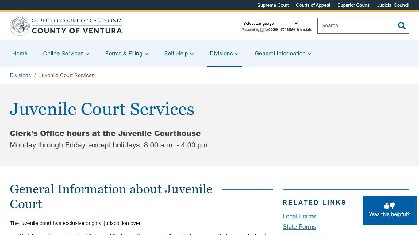 Juvenile Court Services Superior Court of California County of Ventura