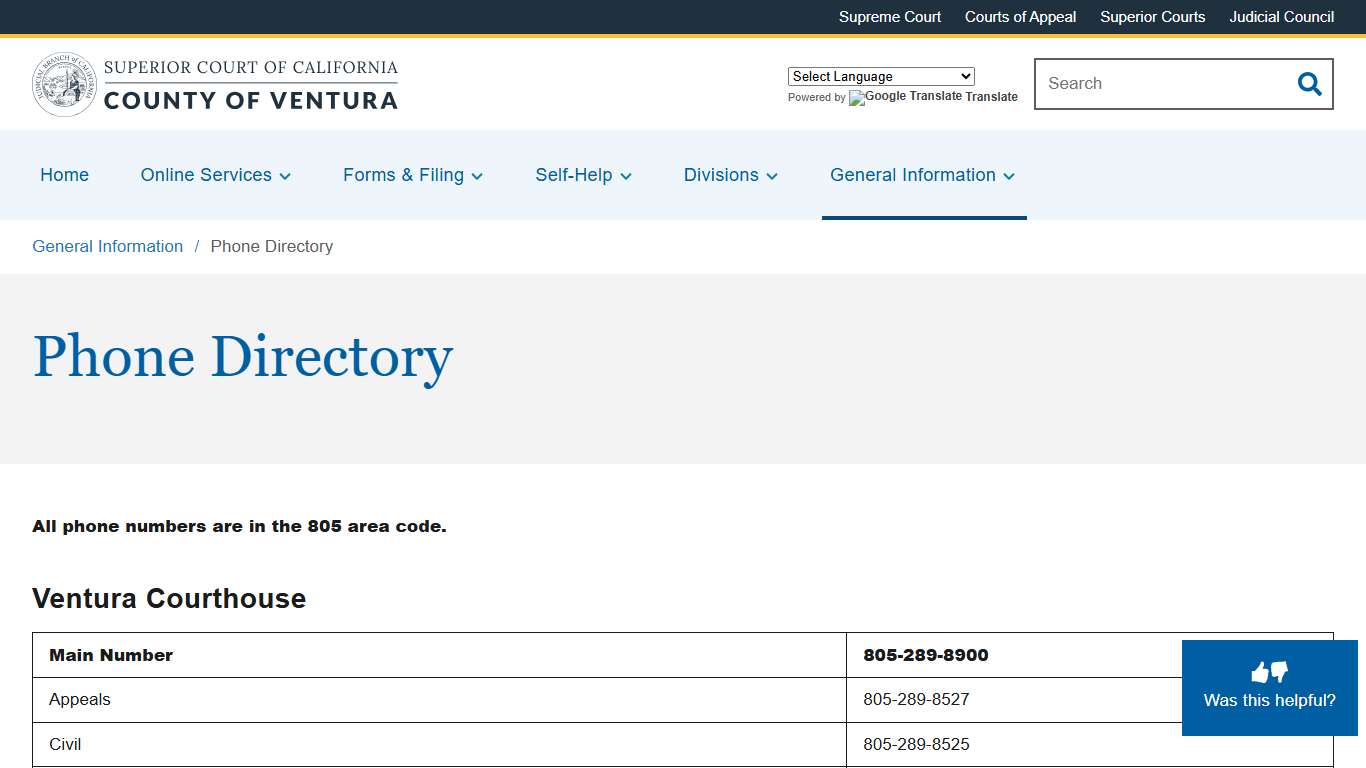 Phone Directory Superior Court of California County of Ventura