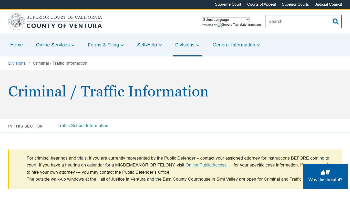 Criminal / Traffic Information Superior Court of California County of Ventura